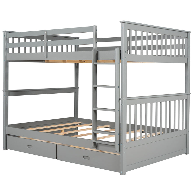 Full-Over-Full Bunk Bed With Ladders And Two Storage Drawers (Gray)