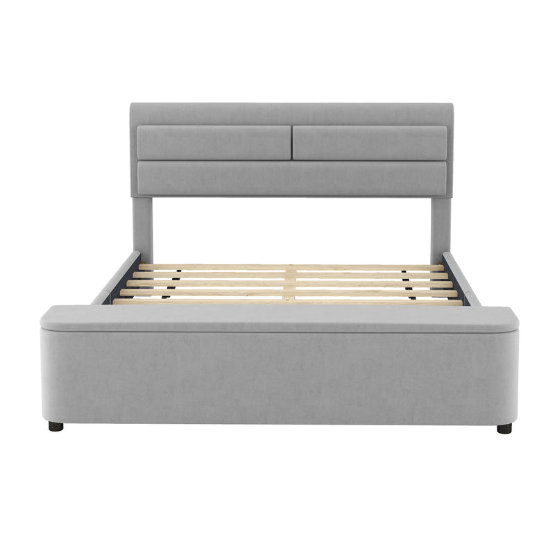 Queen Size Upholstery Platform Bed With Storage Headboard And Footboard, Support Legs, Grey