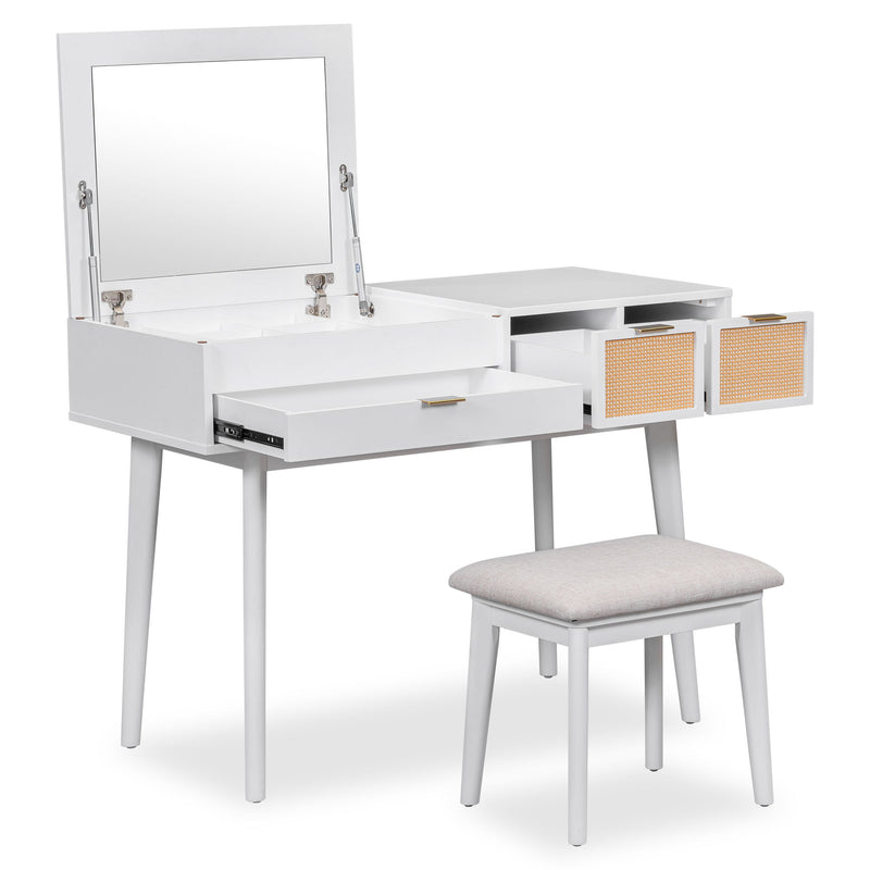 43.3" Classic Wood Makeup Vanity Set With Flip-Top Mirror And Stool, Dressing Table With Three Drawers And Storage Space, White