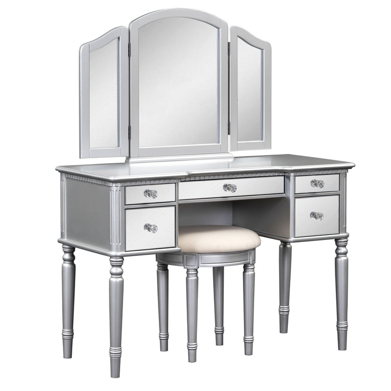 Go 43" Dressing Table Set With Mirrored Drawers And Stool, Tri-Fold Mirror, Makeup Vanity Set For Bedroom, Silver