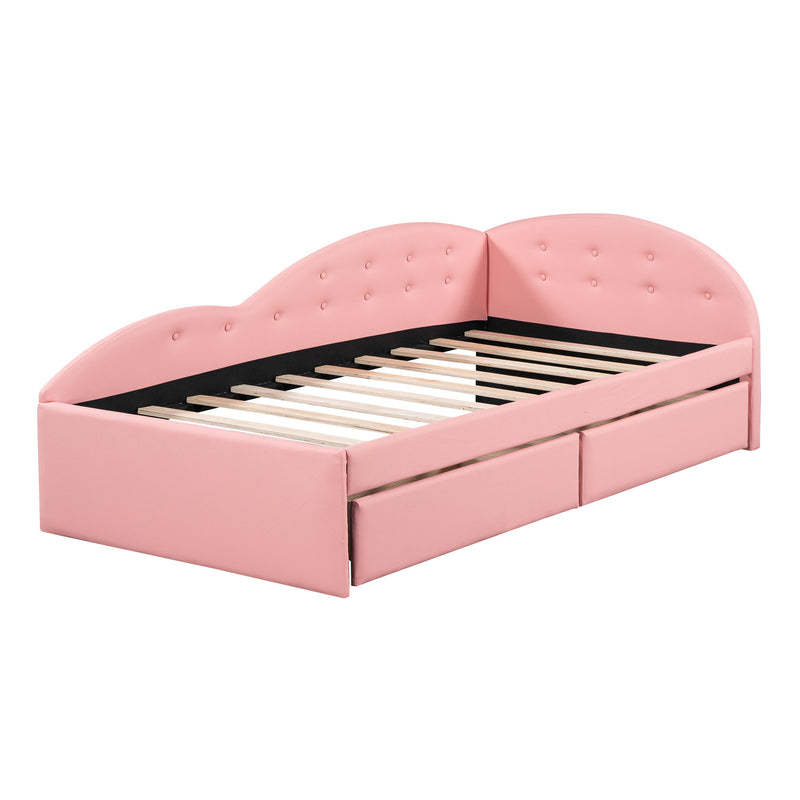 Twin Size PU Upholstered Tufted Daybed With Two Drawers And Cloud Shaped Guardrail, Pink