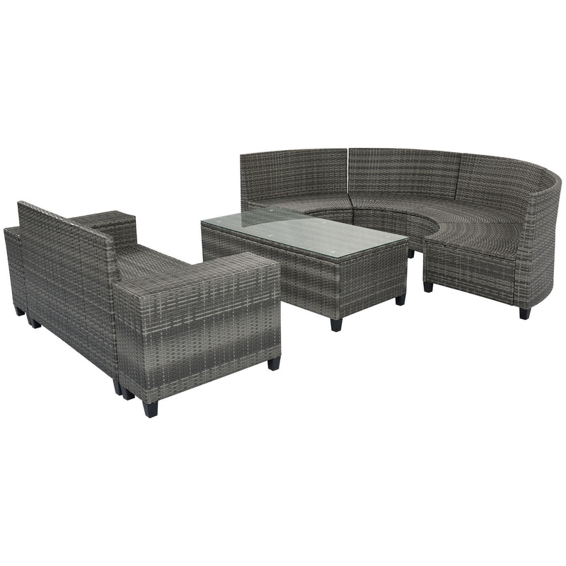 Go 8 Pieces Outdoor Wicker Round Sofa Set, Half Moon Sectional Sets All Weather, Curved Sofa Set With Rectangular Coffee Table, Pe Rattan Water Resistant And Uv Protected, Movable Cushion, Gray