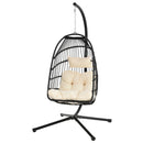 TOPMAX Patio Foldable Swing Chair Porch PE Wicker Egg Hanging Chair Hammock Chair w/Stand and Cushion for Outdoor Balcony Indoor Bedroom, Beige - Atlantic Fine Furniture Inc