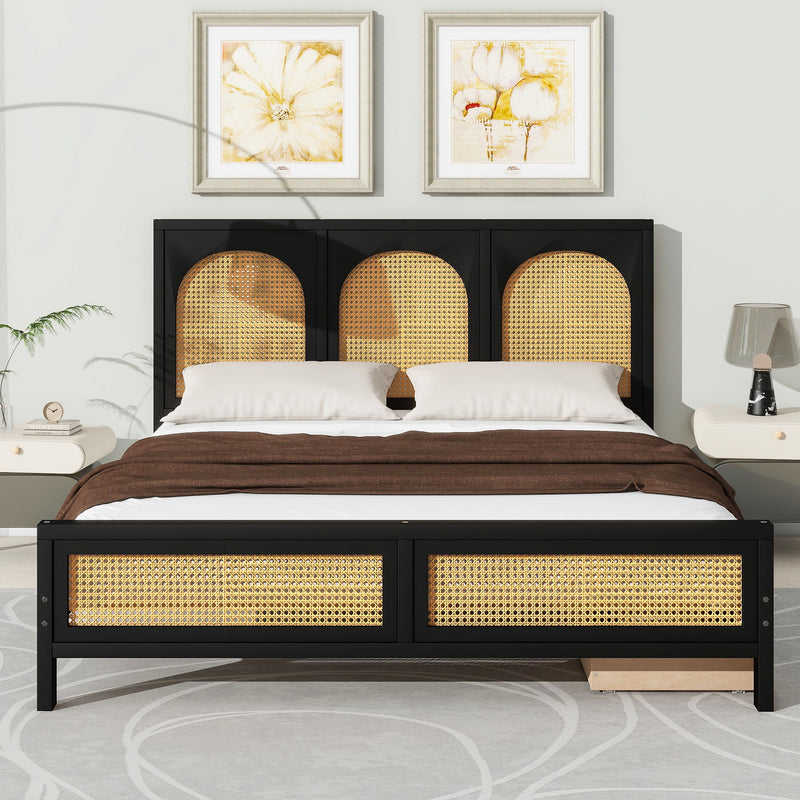 Queen Size Wood Storage Platform Bed With 2 Drawers, Rattan Headboard And Footboard, Black