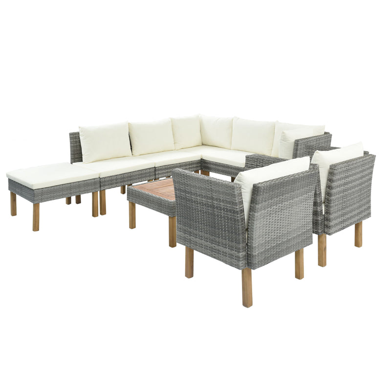 Go 9 Piece Outdoor Patio Garden Wicker Sofa Set, Gray Pe Rattan Sofa Set, With Wood Legs, Acacia Wood Tabletop, Armrest Chairs With Beige Cushions