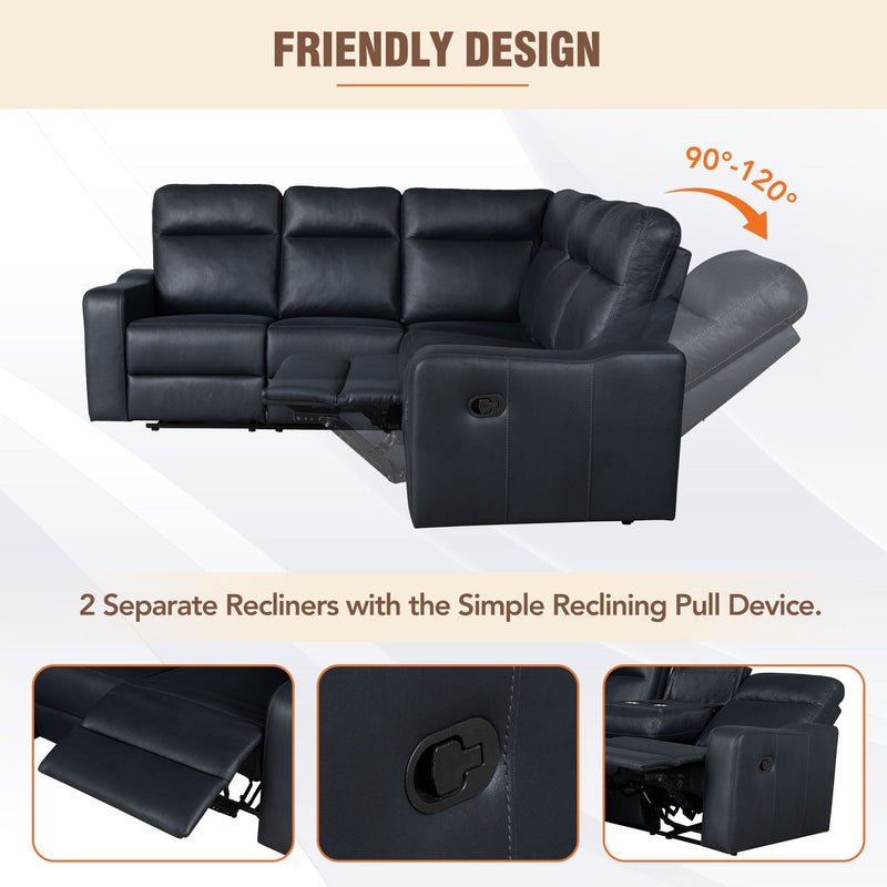 87.5" Manual Reclining Home Theater Seating Recliner Chair Sofa With Flipped Middle Backrest, 2 Cup Holders For Living Room, Bedroom, Home Theater, Black Blue