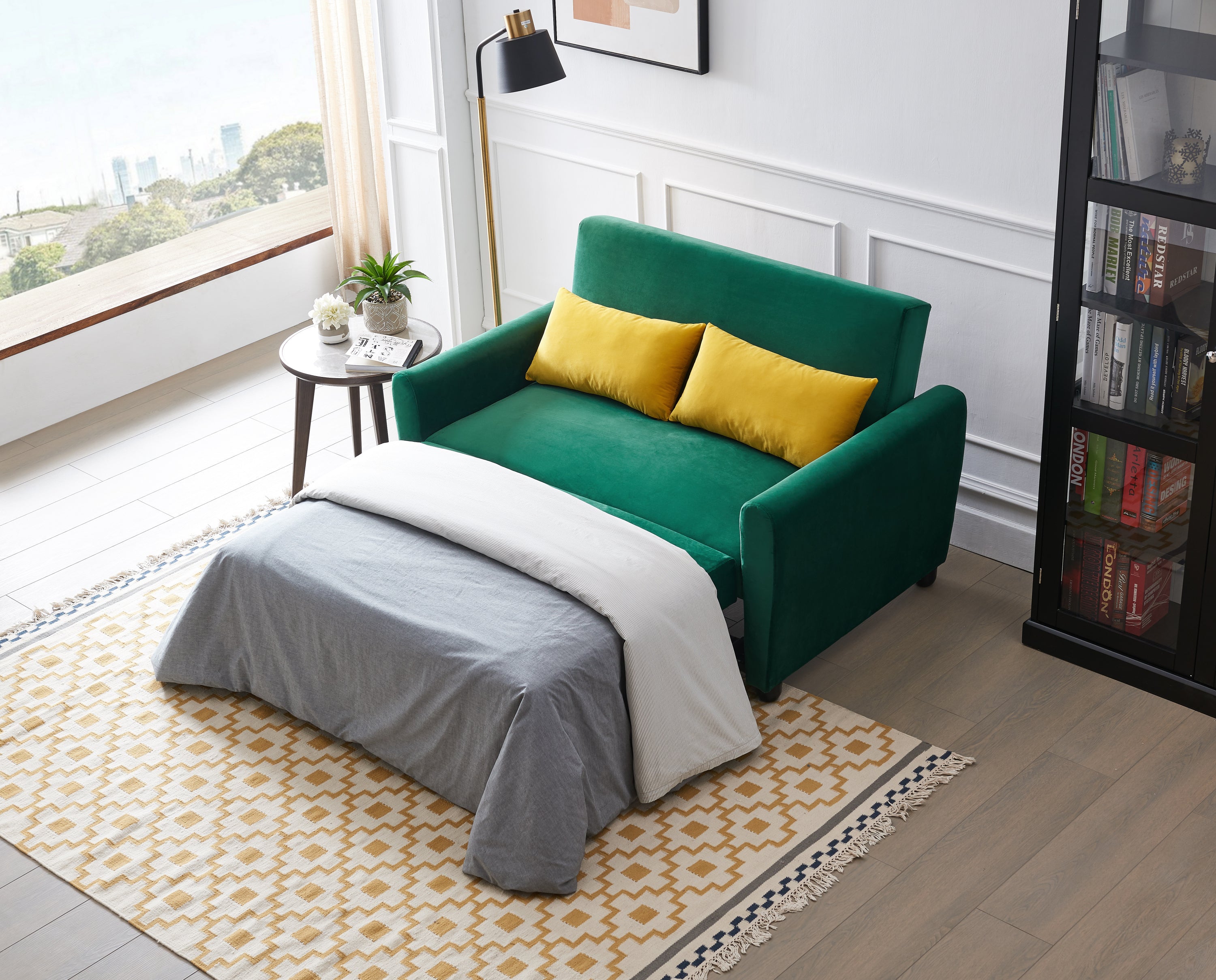 [VIDEO provided]55" Modern Velvet Sofa with Pull-Out Sleeper Bed with 2 Pillows Adjustable Backrest for Small Spaces Green - Atlantic Fine Furniture Inc