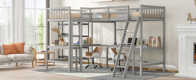 Wood Twin Size L-Shaped Loft Bed With Ladder And 2 Built-In L-Shaped Desks, Gray