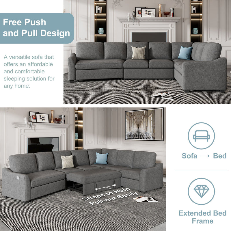 129.5" Sectional Sleeper Sofa With Pull-Out Bed Modern L-Shape Couch Bed With Usb Charging Port For Living Room, Bedroom, Gray