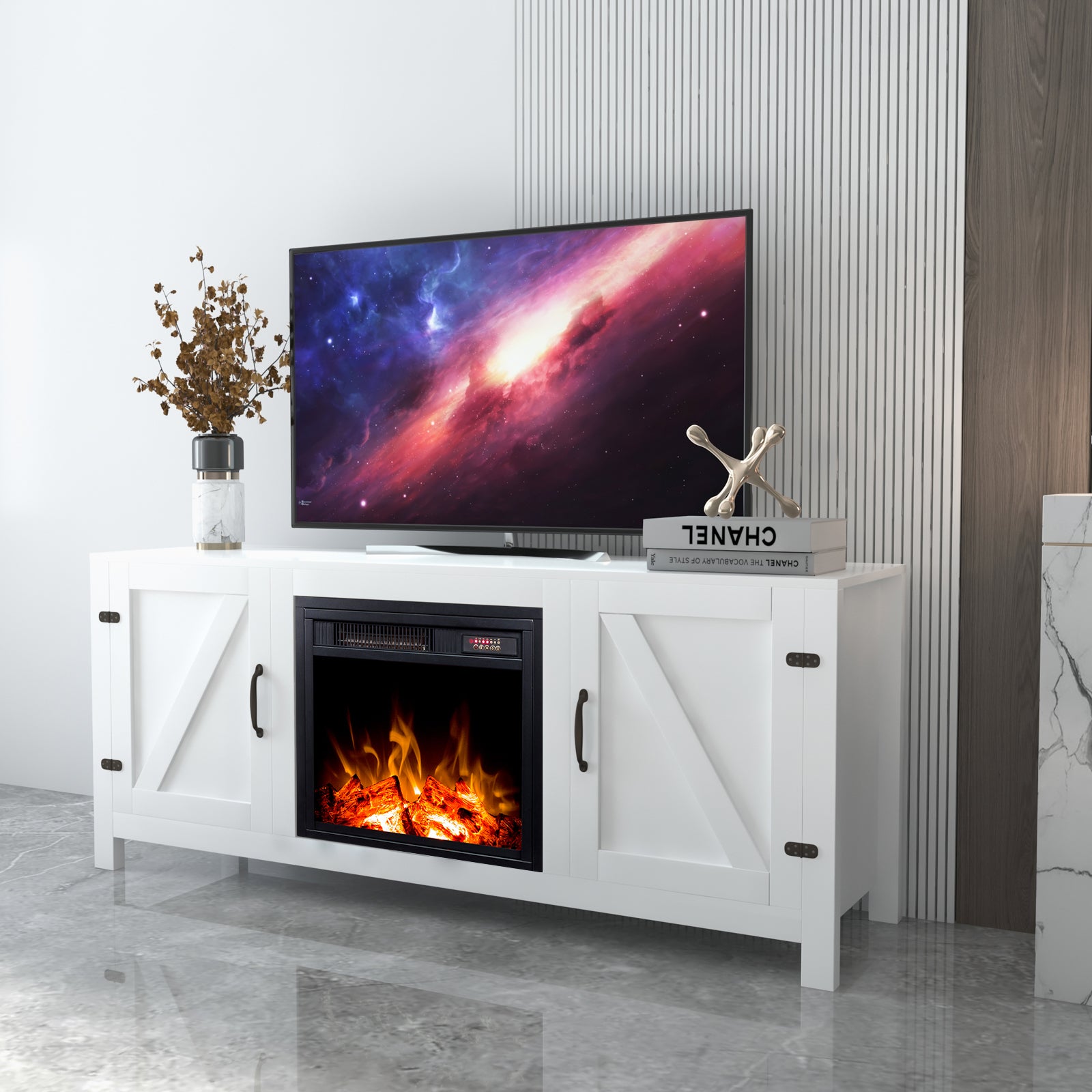 Farmhouse TV Stand, Fireplace TV Stand, Wood Entertainment Center Media Console with Storage,White - Atlantic Fine Furniture Inc