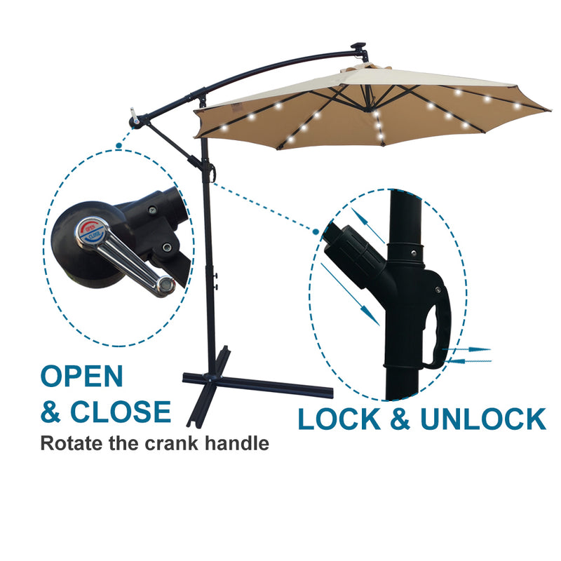 Tan 10 ft Outdoor Patio Umbrella Solar Powered LED Lighted Sun Shade Market Waterproof 8 Ribs Umbrella with Crank and Cross Base for Garden Deck Backyard Pool Shade Outside Deck Swimming Pool