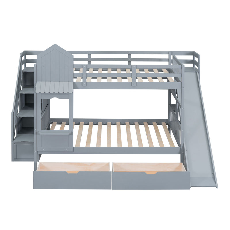Full-Over-Full Castle Style Bunk Bed, With 2 Drawers 3 Shelves And Slide - Gray
