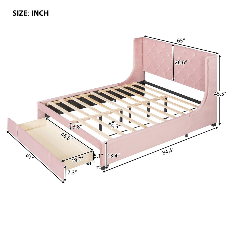 Queen Size Storage Bed Velvet Upholstered Platform Bed With Wingback Headboard And A Big Drawer (Pink)