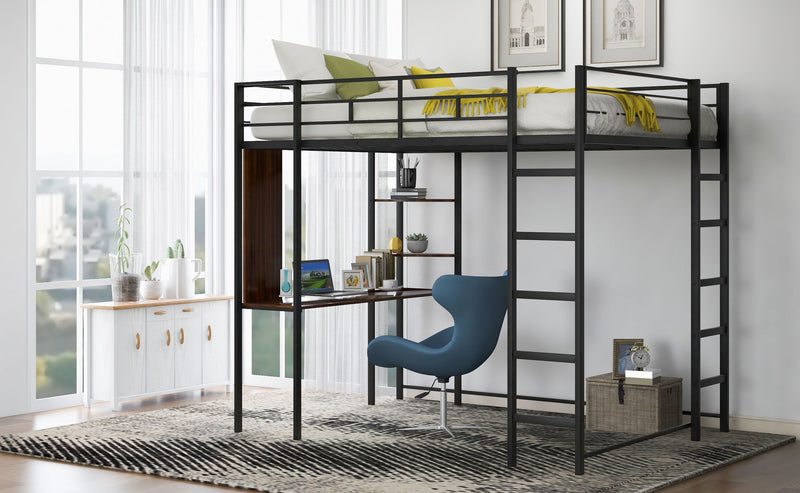 Full Size Metal Loft Bed With 2 Shelves And One Desk, Black