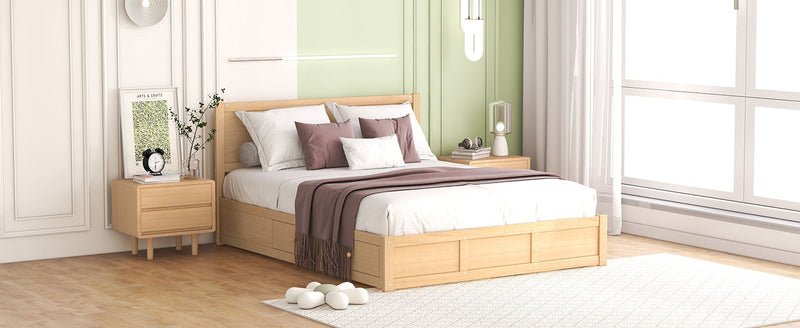 Queen Size Wood Platform Bed With Underneath Storage And 2 Drawers - Wood Color