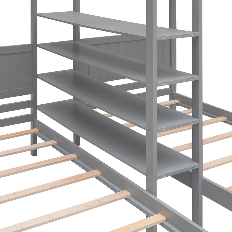 Full Long Over Twin & Twin Bunk Bed With Built-In Four Shelves And Ladder, Gray