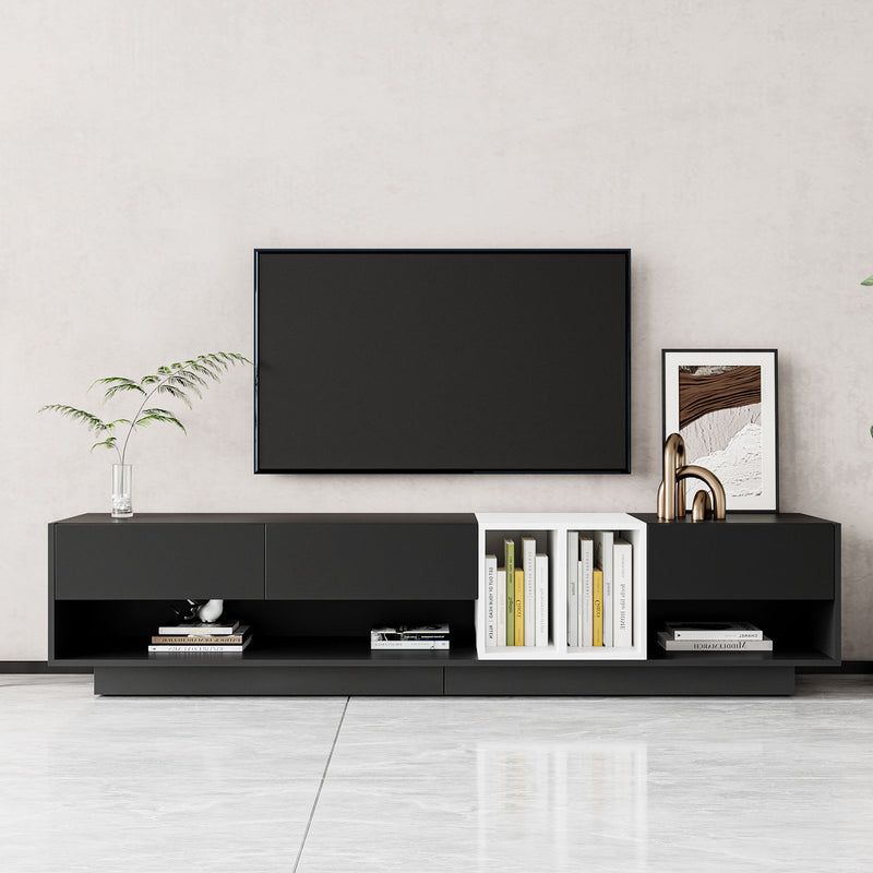 On-Trend Sleek And Stylish TV Stand With Perfect Storage Solution, Two-Tone Media Console For TVs Up To 80'', Functional TV Cabinet With Versatile Compartment For Living Room, Black
