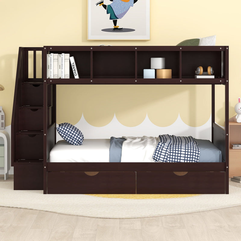 Twin Over Full Bunk Bed With Shelfs, Storage Staircase And 2 Drawers - Espresso