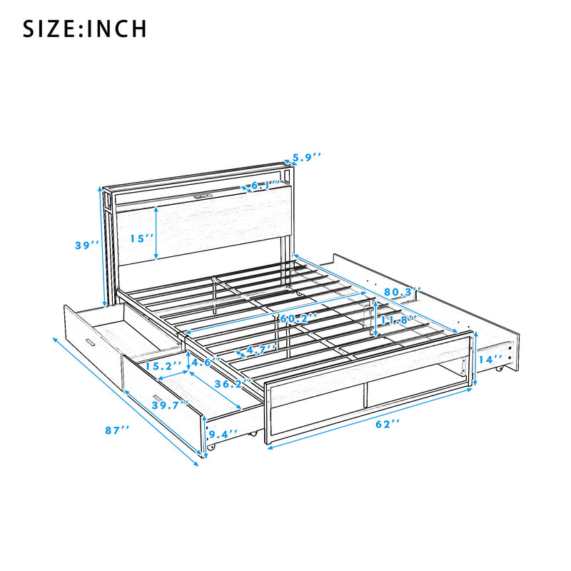 Queen Size Metal Platform Bed Frame With Four Drawers, Sockets And USB Ports, Slat Support No Box Spring Needed - White