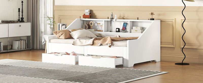 Twin To King Size Daybed Frame With Storage Bookcases And Two Drawers, Charging Design, White