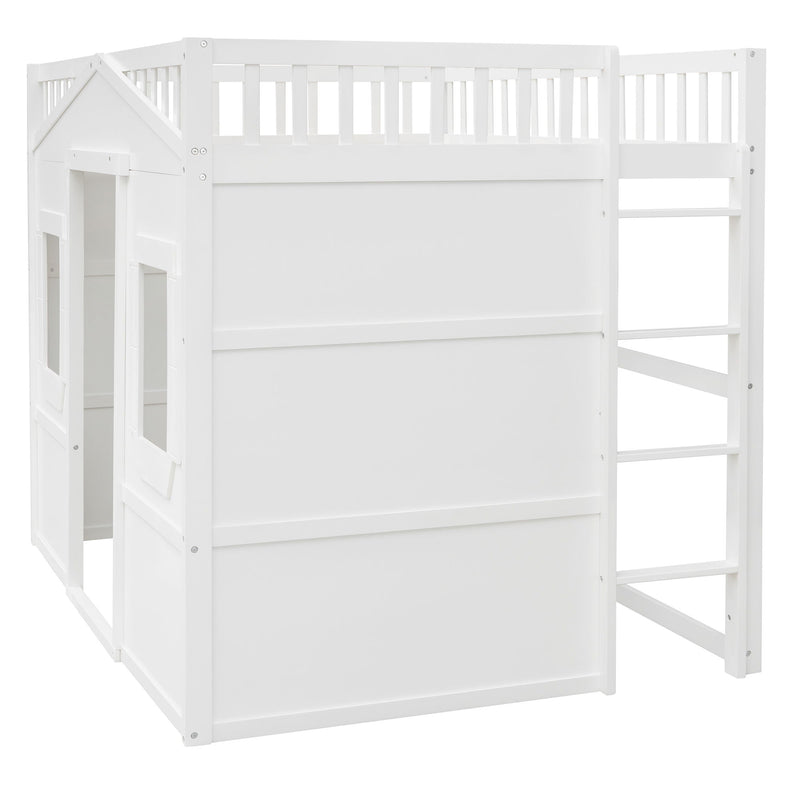 Full Size House Loft Bed With Ladder - White