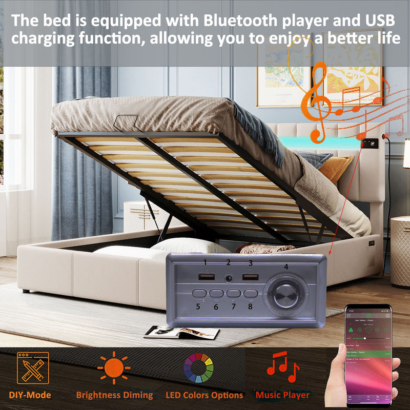 Upholstered Bed Queen Size With LED Light, Bluetooth Player And USB Charging, Hydraulic Storage Bed In Beige Velvet Fabric