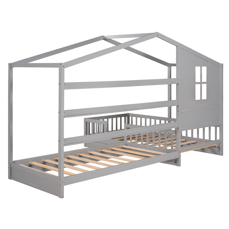 Wood House Bed Twin Size, 2 Twin Solid Bed L Structure With Fence And Slatted Frame Gray)