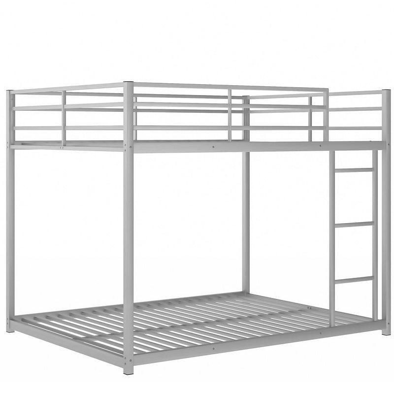 Full Over Full Metal Bunk Bed, Low Bunk Bed With Ladder, Silver