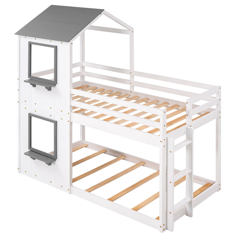 Twin Over Twin Bunk Bed Wood Bed With Roof, Window, Guardrail, Ladder (White) - White