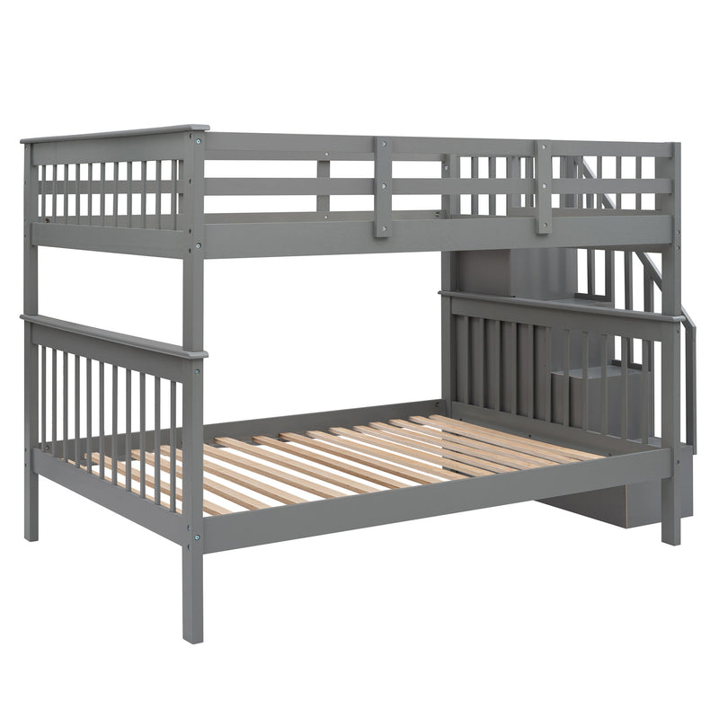 Stairway Full Over Full Bunk Bed With Storage And Guard Rail For Bedroom, Dorm, Gray