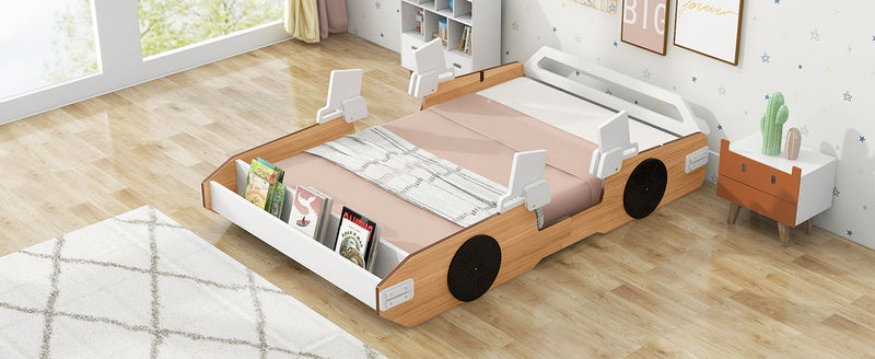 Wood Twin Size Racing Car Bed With Door Design And Storage, Natural + White + Black