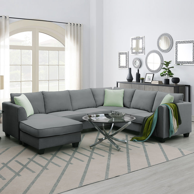 112*87" Sectional Sofa Couches Living Room Sets 7 Seats Modular Sectional Sofa With Ottoman L Shape Fabric Sofa Corner Couch Set With 3 Pillows, Grey
