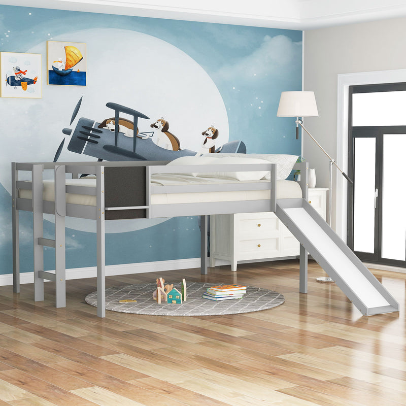 Full Size Loft Bed Wood Bed With Slide, Stair And Chalkboard, Gray