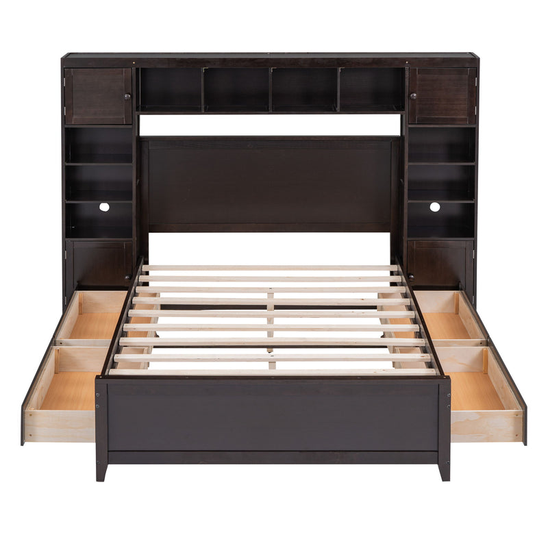 Full Size Wooden Bed With All-In-One Cabinet And Shelf, Espresso