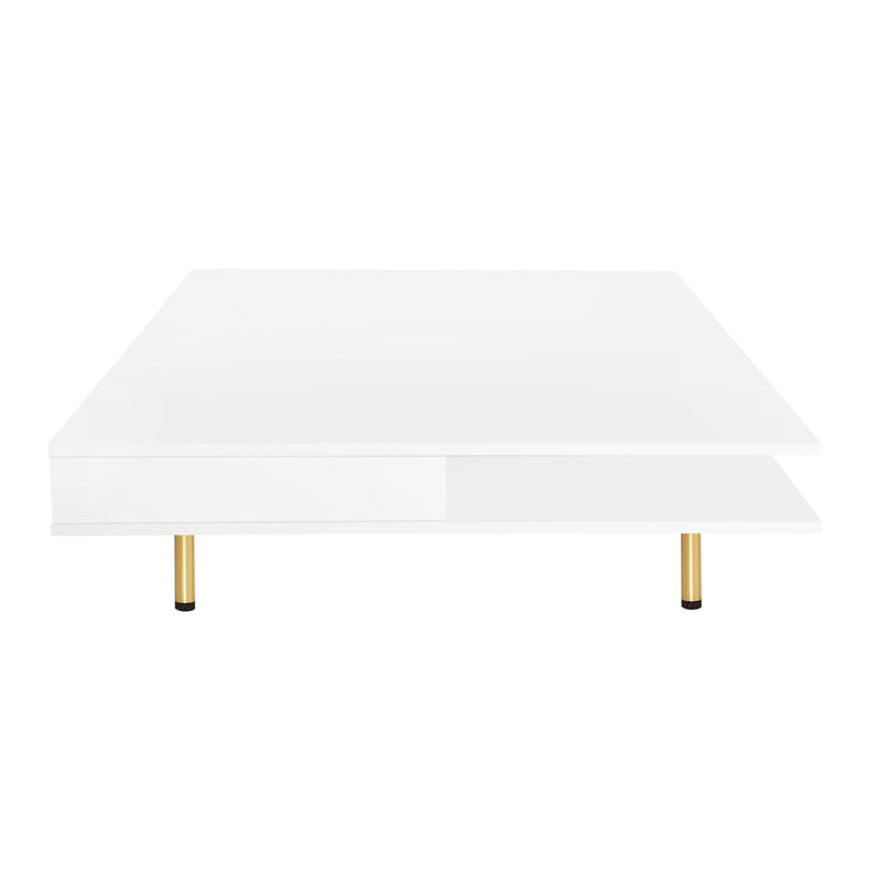 On Trend Exquisite High Gloss Coffee Table With 4 Golden Legs And 2 Small Drawers, 2-Tier Square Center Table For Living Room, White