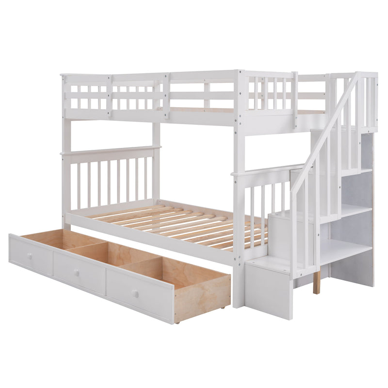 Stairway Twin Over Twin Bunk Bed With Three Drawers For Bedroom, Dorm White
