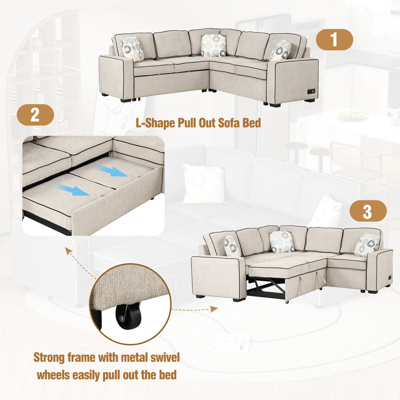 83" L-Shaped Pull Out Sofa Bed Modern Convertible Sleeper Sofa With 2 USB Ports, 2 Power Sockets And 3 Pillows For Living Room, Bedroom, Office, Cream