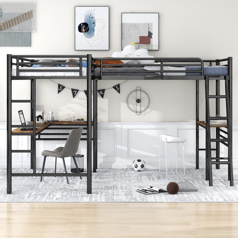 Twin Size Metal Loft Bed With Two Built-In Desks, Black
