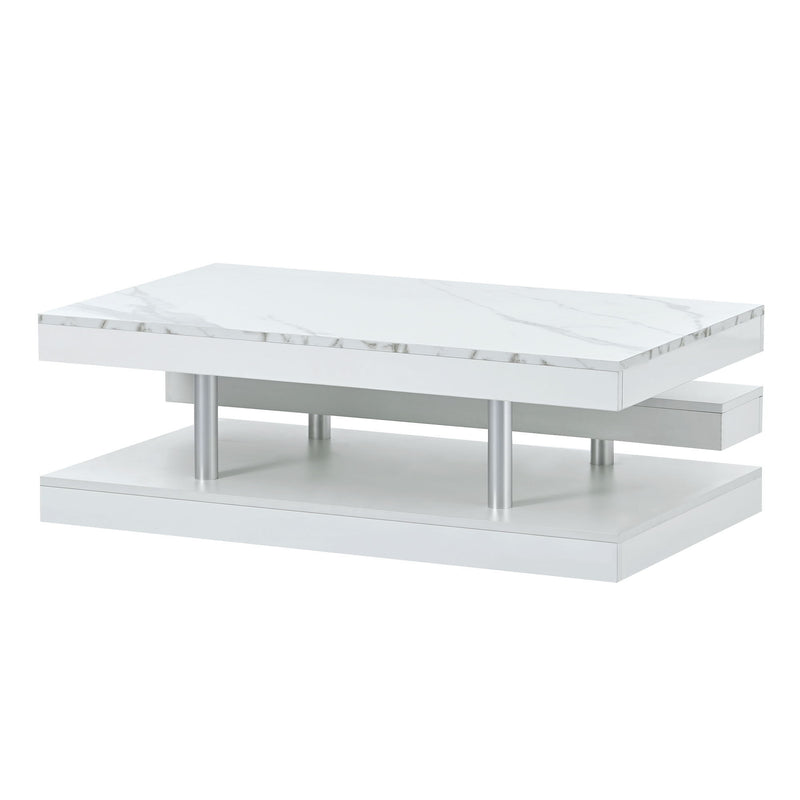 On-Trend Modern 2-Tier Coffee Table With Silver Metal Legs, Rectangle Cocktail Table With High-Gloss Uv Surface, Minimalist Design Center Table For Living Room, White