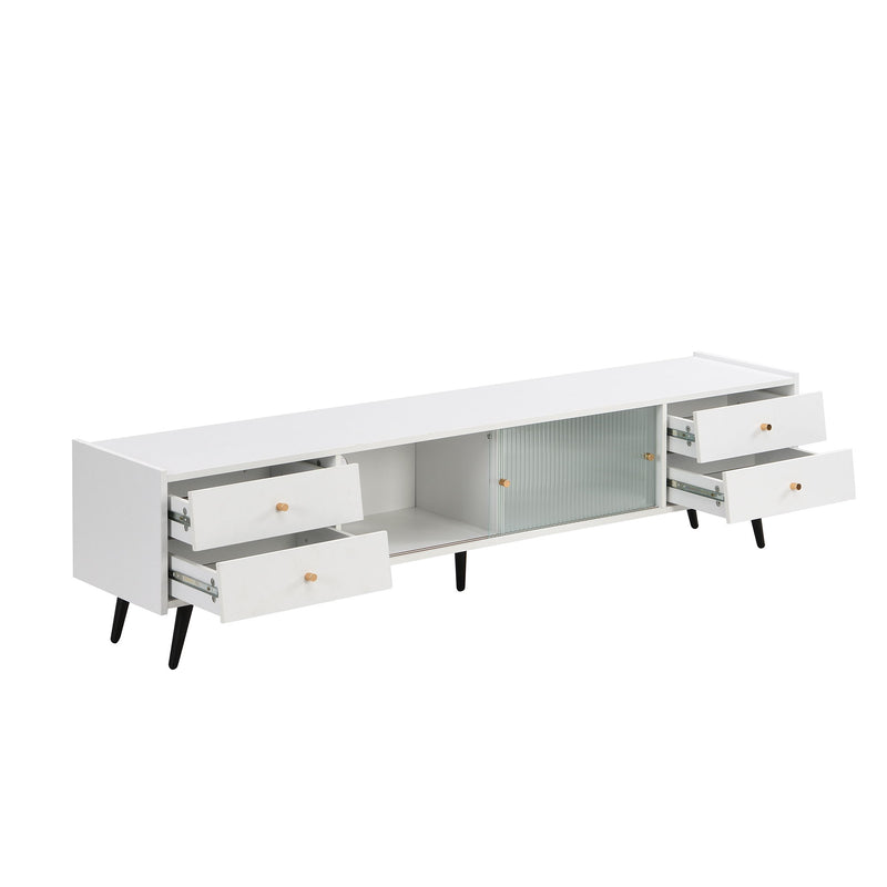 On-Trend Contemporary TV Stand With Sliding Fluted Glass Doors, Slanted Drawers Media Console For Tvs Up To 70", Chic Elegant TV Cabinet With Golden Metal Handles, White