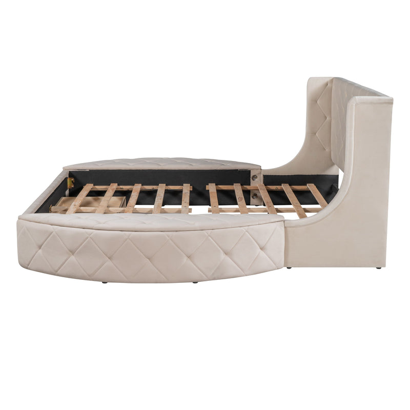 Upholstered Platform Bed Queen Size Storage Velvet Bed With Wingback Headboard And 1 Big Drawer, 2 Side Storage Stool (Beige)
