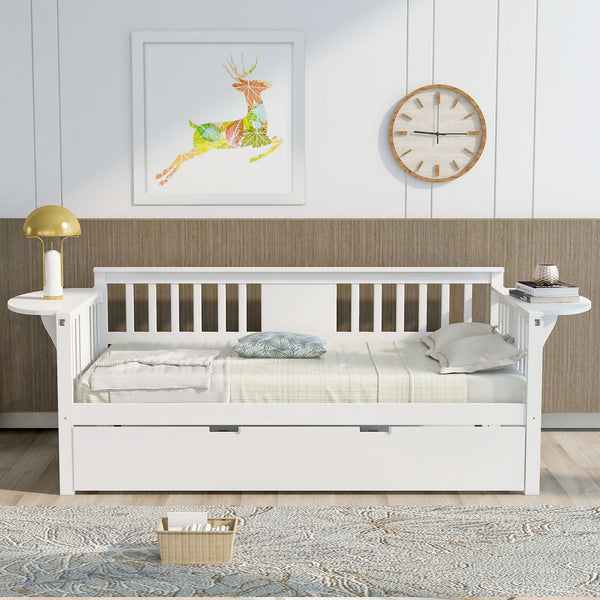 Twin Wooden Daybed With Trundle Bed, Sofa Bed For Bedroom Living Room, White