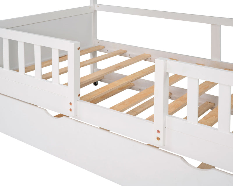Twin Size House Bed Wood Bed With Twin Size Trundle (White)