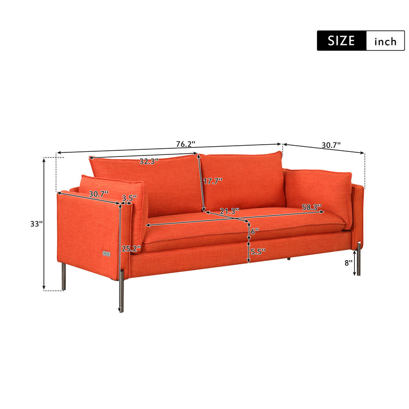 76.2" Modern Style 3 Seat Sofa Linen Fabric Upholstered Couch Furniture 3 - Seats Couch For Different Spaces, Living Room, Apartment - Orange