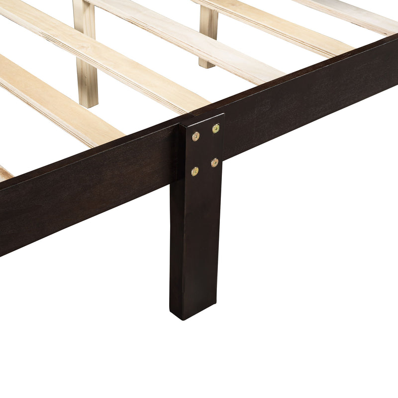 Queen Size Wood Platform Bed With Headboard And Wooden Slat Support - Espresso
