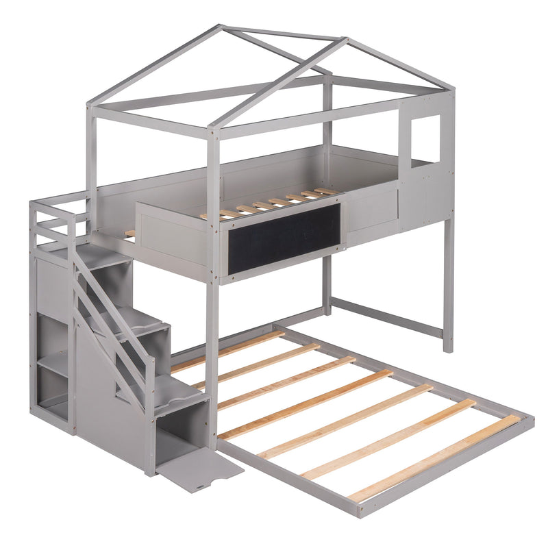 Twin Over Full House Bunk Bed With Storage Staircase And Window, Grey