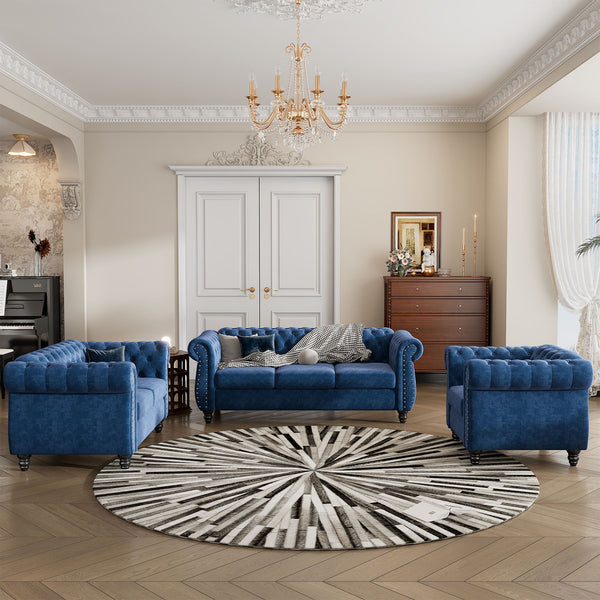 Modern Three Piece Sofa Set With Solid Wood Legs, Button-Down Tufted Backrest, Dutch Velvet Upholstered Sofa Set - Blue