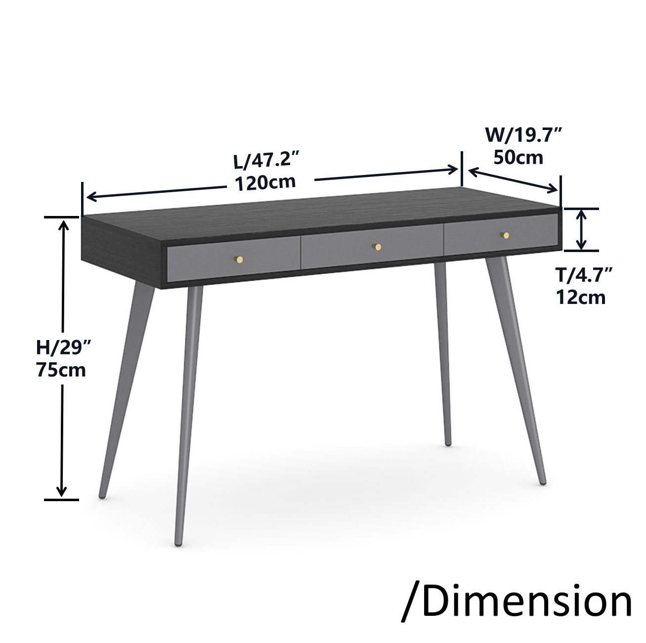 Modern Mid Century Desk 47" | Computer Desk with 3 Drawers, Black Wood Board with Oak Grain (Black Oak + Dark Grey),for Home Office - Atlantic Fine Furniture Inc