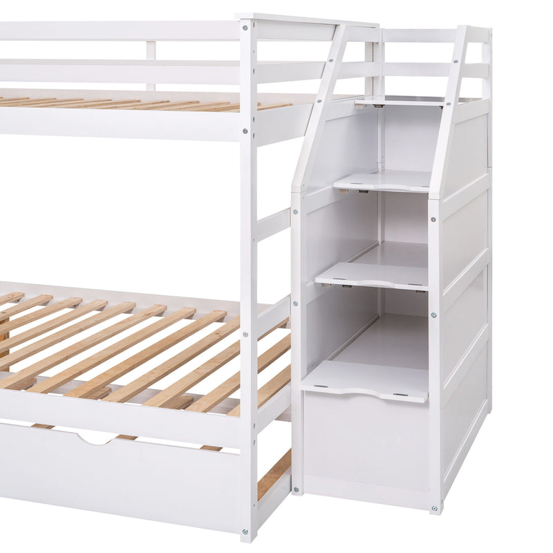 Full-Over-Full Bunk Bed With Twin Size Trundle And 3 Storage Stairs, White