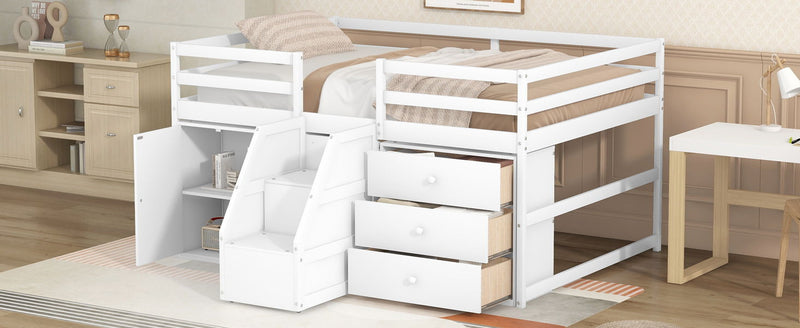 Full Size Functional Loft Bed With Cabinets And Drawers, Hanging Clothes At The Back Of The Staircase, White